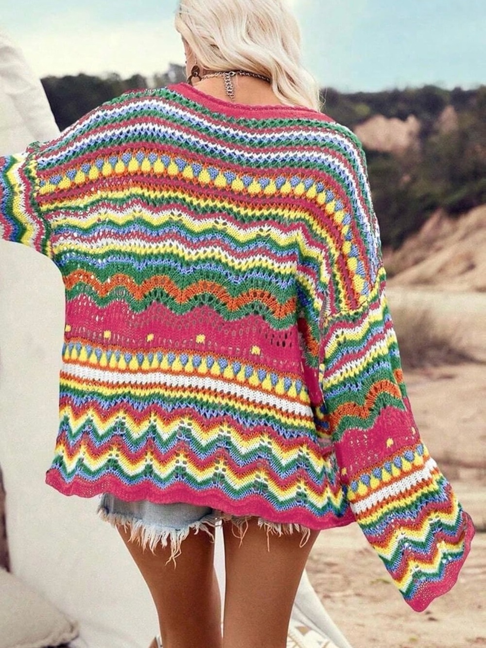 Crochet Knit Bell-Sleeve Sweater - Pink Chevron & Rainbow - Oversized - Picture 2 of 10